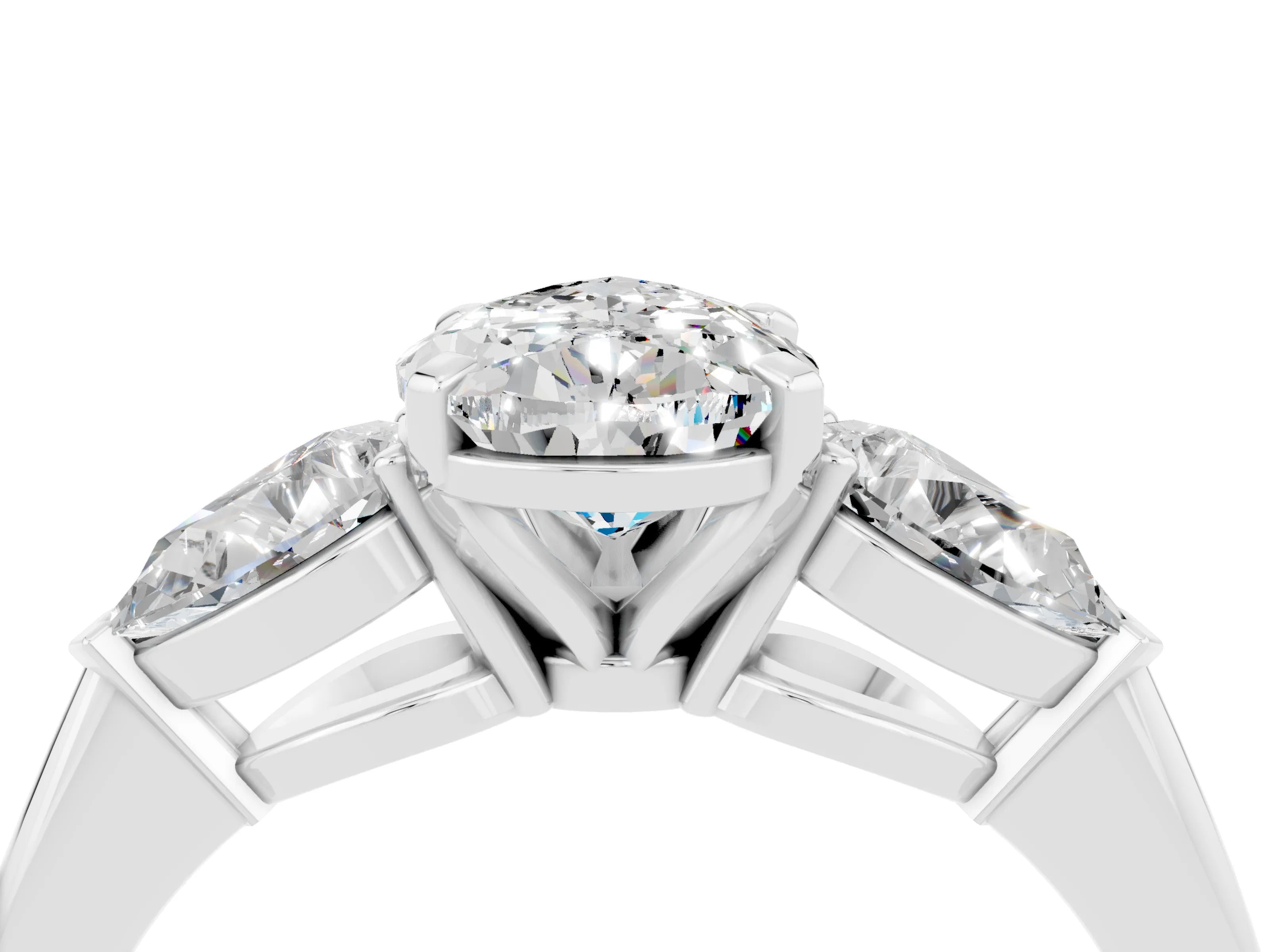 White gold Three-Stone Pear Cut Moissanite Ring with Pear Side Stones and Four-Prong Setting_4