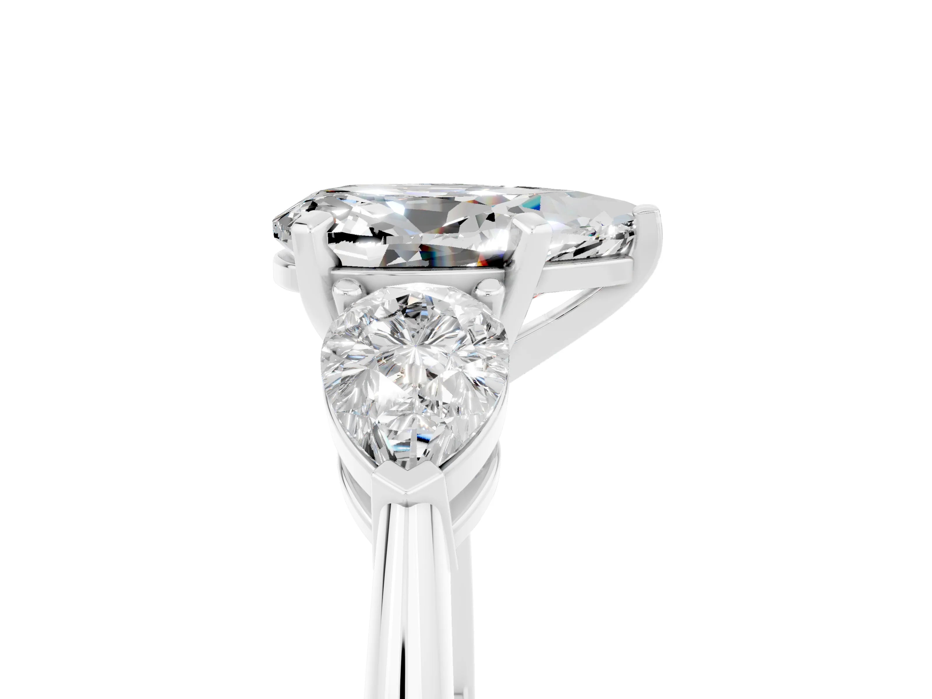 White gold Three-Stone Pear Cut Moissanite Ring with Pear Side Stones and Four-Prong Setting_5