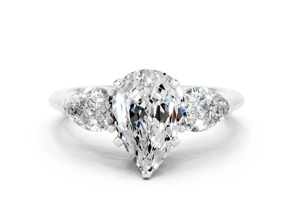 White gold Three-Stone Pear Cut Moissanite Ring with Pear Side Stones and Four-Prong Setting