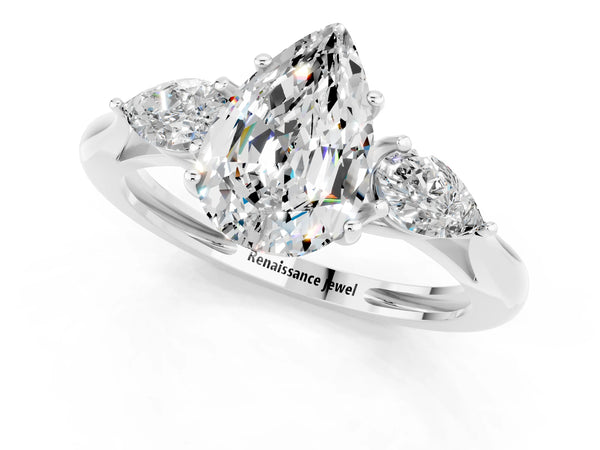 White gold Three-Stone Pear Cut Moissanite Ring with Pear  Side Stones in Four-Prong Setting