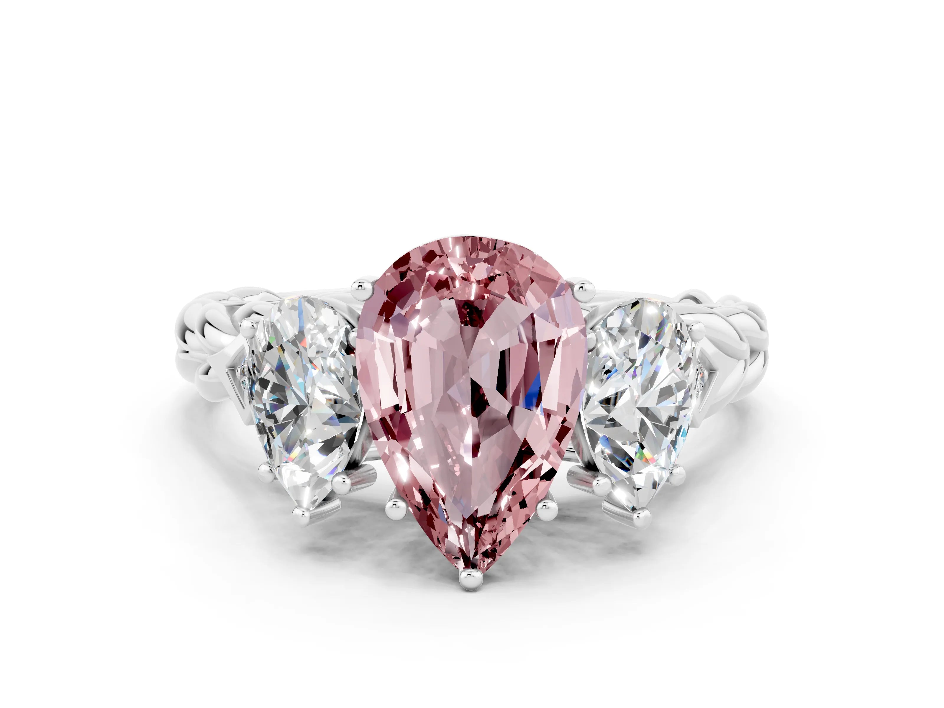 White gold Three-Stone Pear Cut Morganite Braided Band Ring with Four-Prong Setting_12