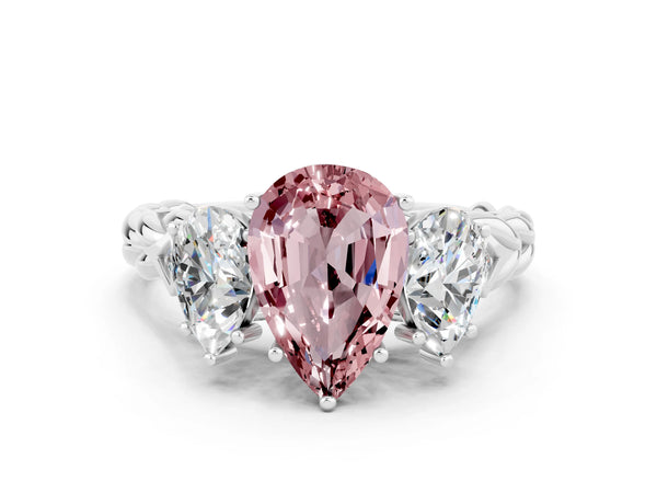 Platinum Three-Stone Pear Cut Morganite Braided Band Ring with Four-Prong Setting