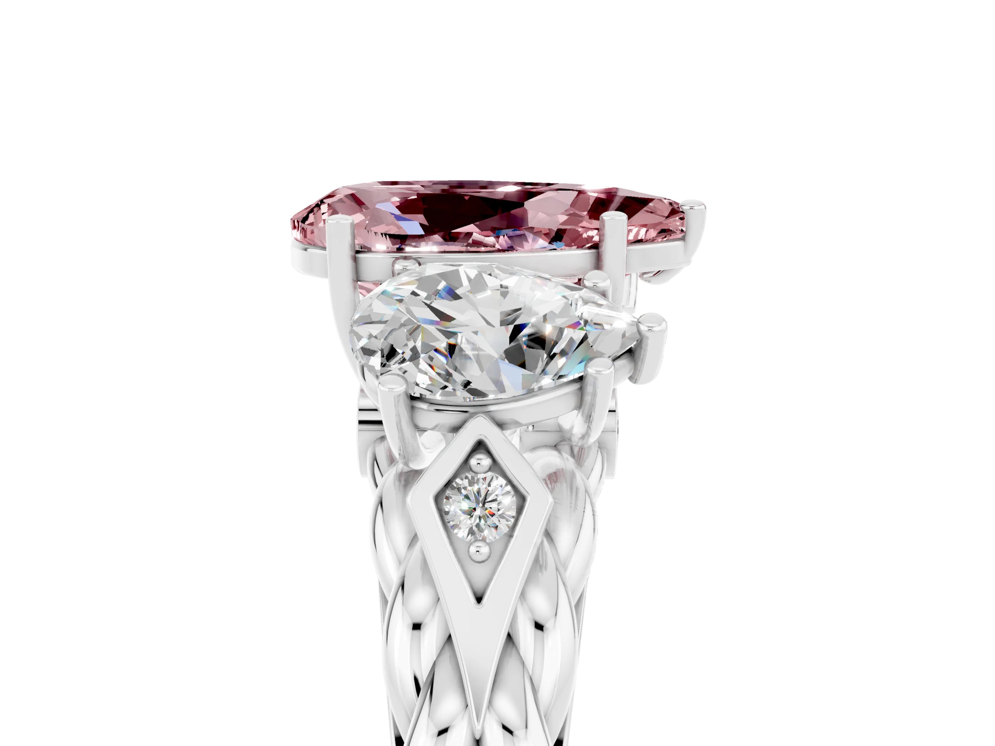 White gold Three-Stone Pear Cut Morganite Braided Band Ring with Four-Prong Setting_17