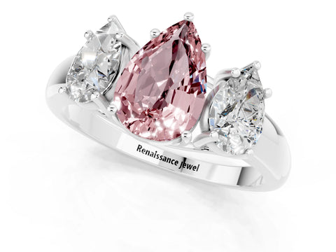 Platinum Three-Stone Pear Cut Morganite Engagement Ring with Prong Set