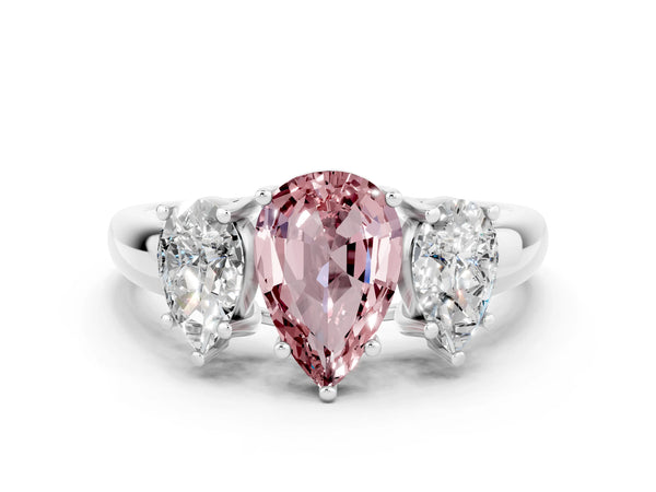 Silver Three-Stone Pear Cut Morganite Engagement Ring with Prong Setting