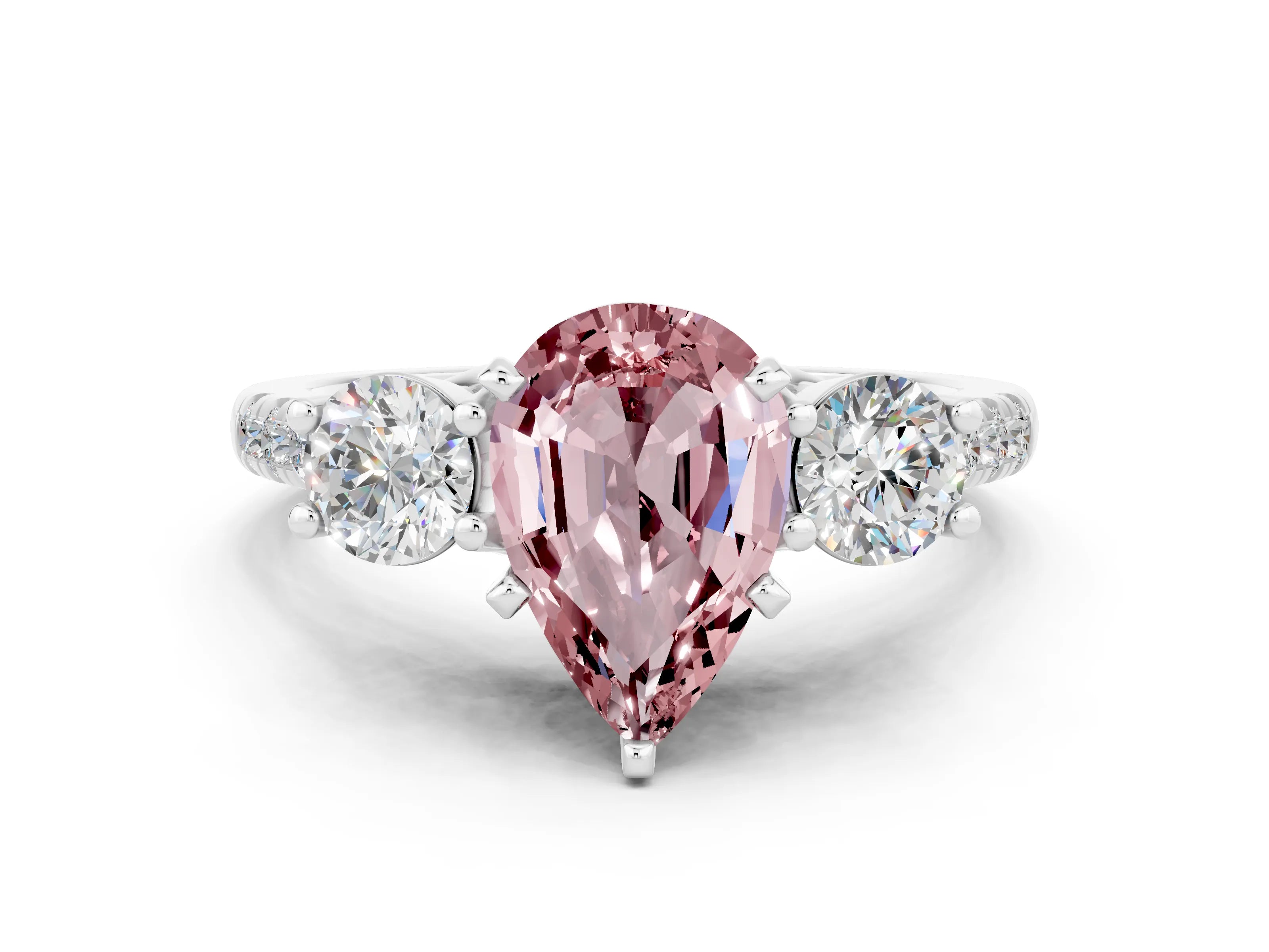 White gold Three-Stone Pear Cut Morganite Pavé Band with Four-Prong Setting