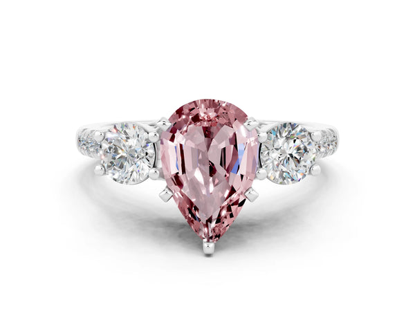 Silver Three-Stone Pear Cut Morganite Pavé Band with Four-Prong Setting