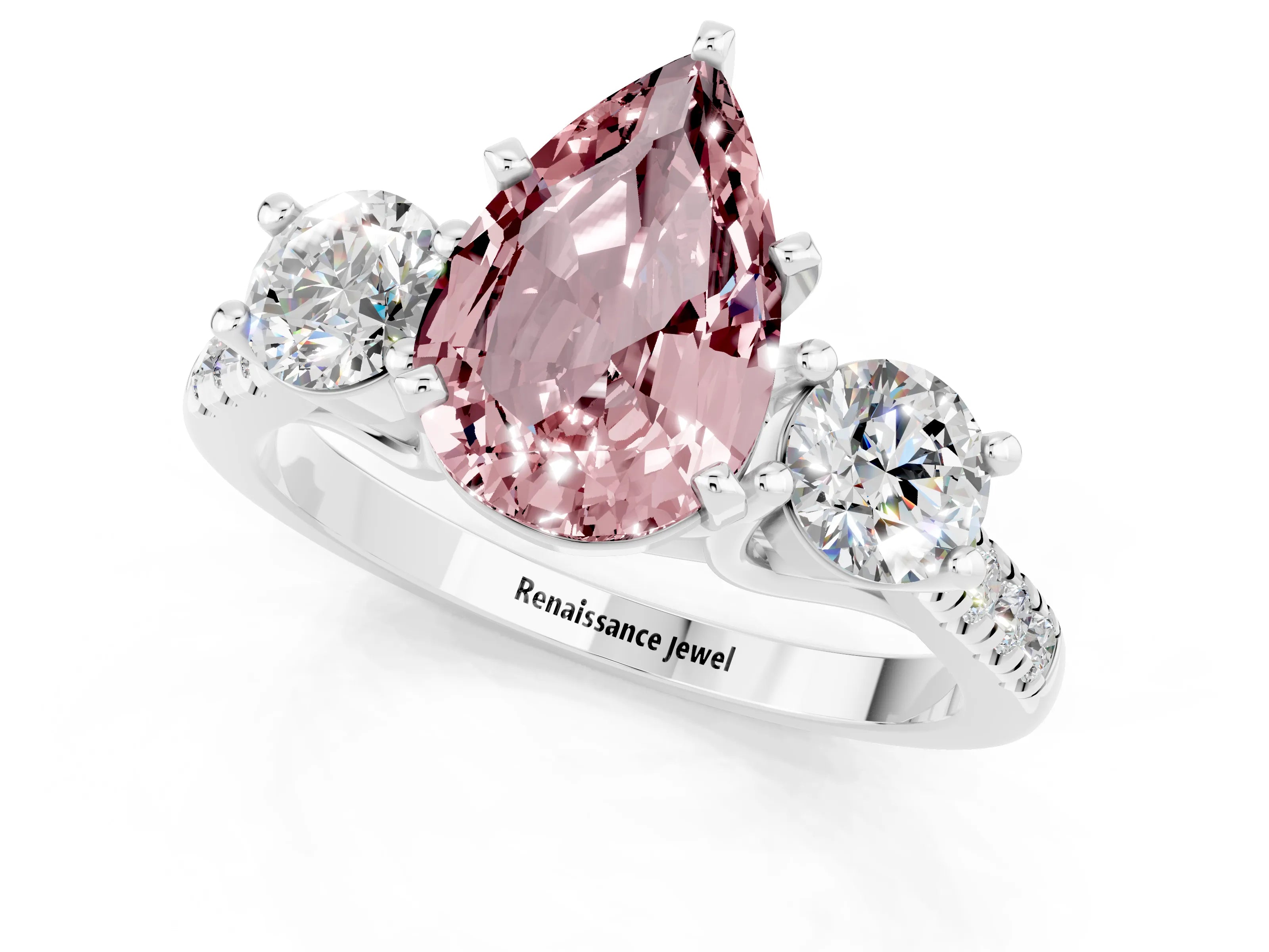 White gold Three-Stone Pear Cut Morganite Pavé Band with Four-Prong Setting_1