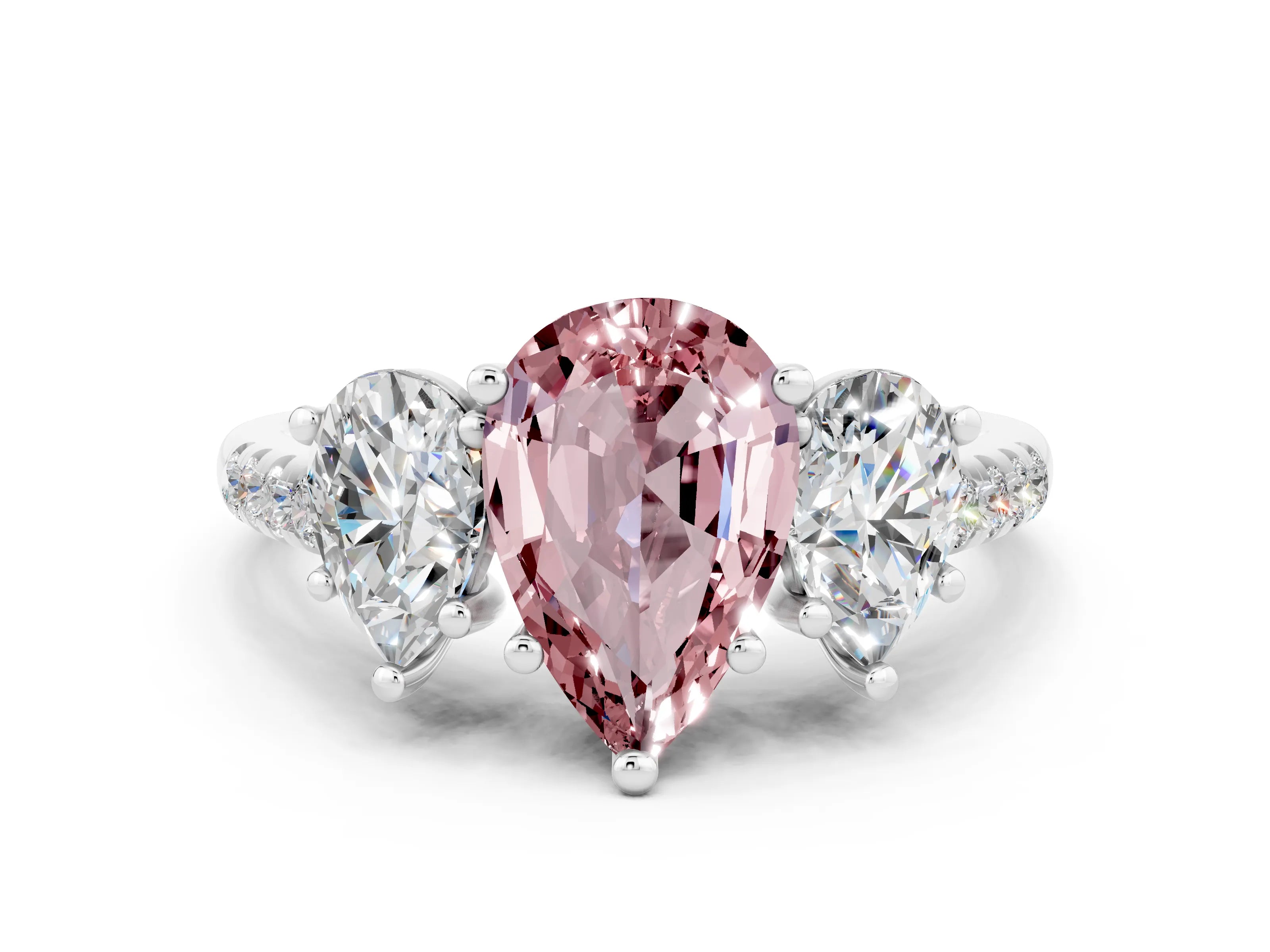 White gold Three-Stone Pear Cut Morganite Ring with Pavé Band and Prong Setting_12