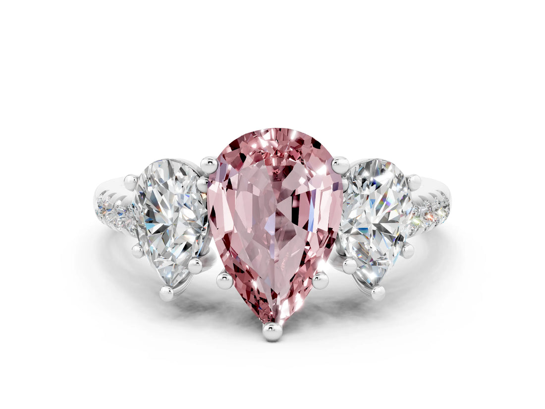 White gold Three-Stone Pear Cut Morganite Ring with Pavé Band and Prong Setting_12
