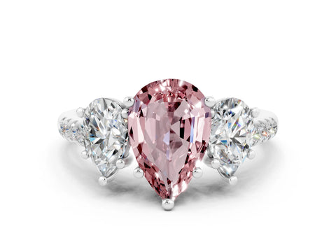 White gold Three-Stone Pear Cut Morganite Ring with Pavé Band and Prong Setting_12