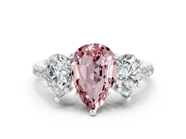 Silver Three-Stone Pear Cut Morganite Ring with Round  Pavé Band and Prong Setting