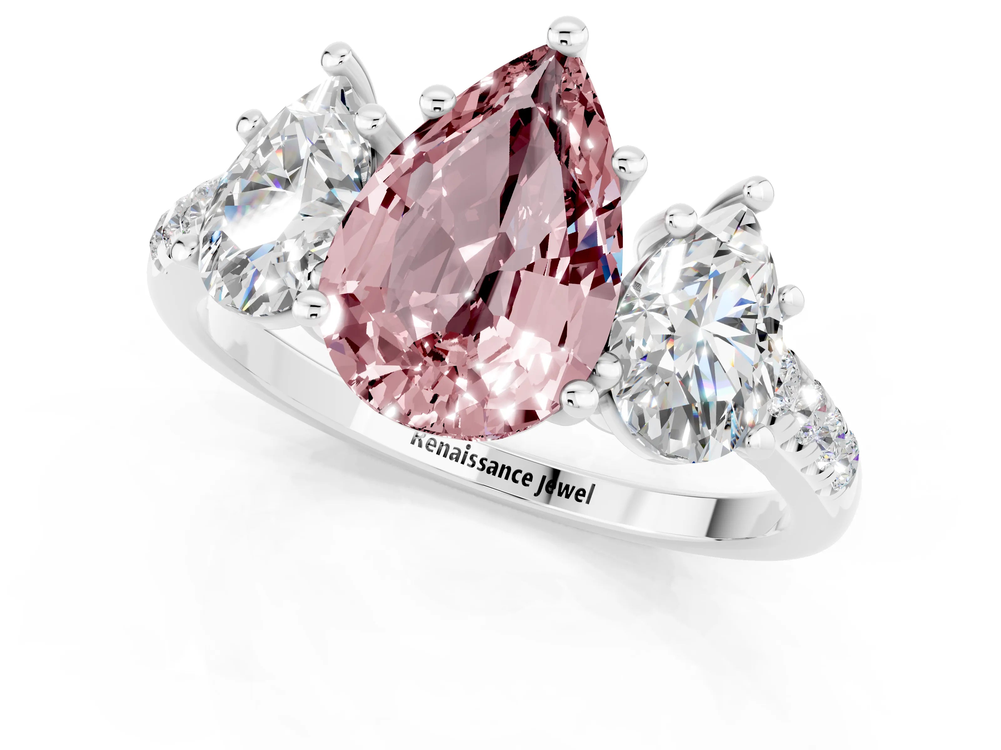 White gold Three-Stone Pear Cut Morganite Ring with Pavé Band and Prong Setting_13