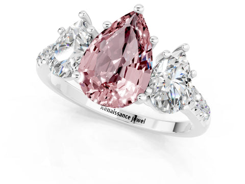 White gold Three-Stone Pear Cut Morganite Ring with Pavé Band and Prong Setting_13