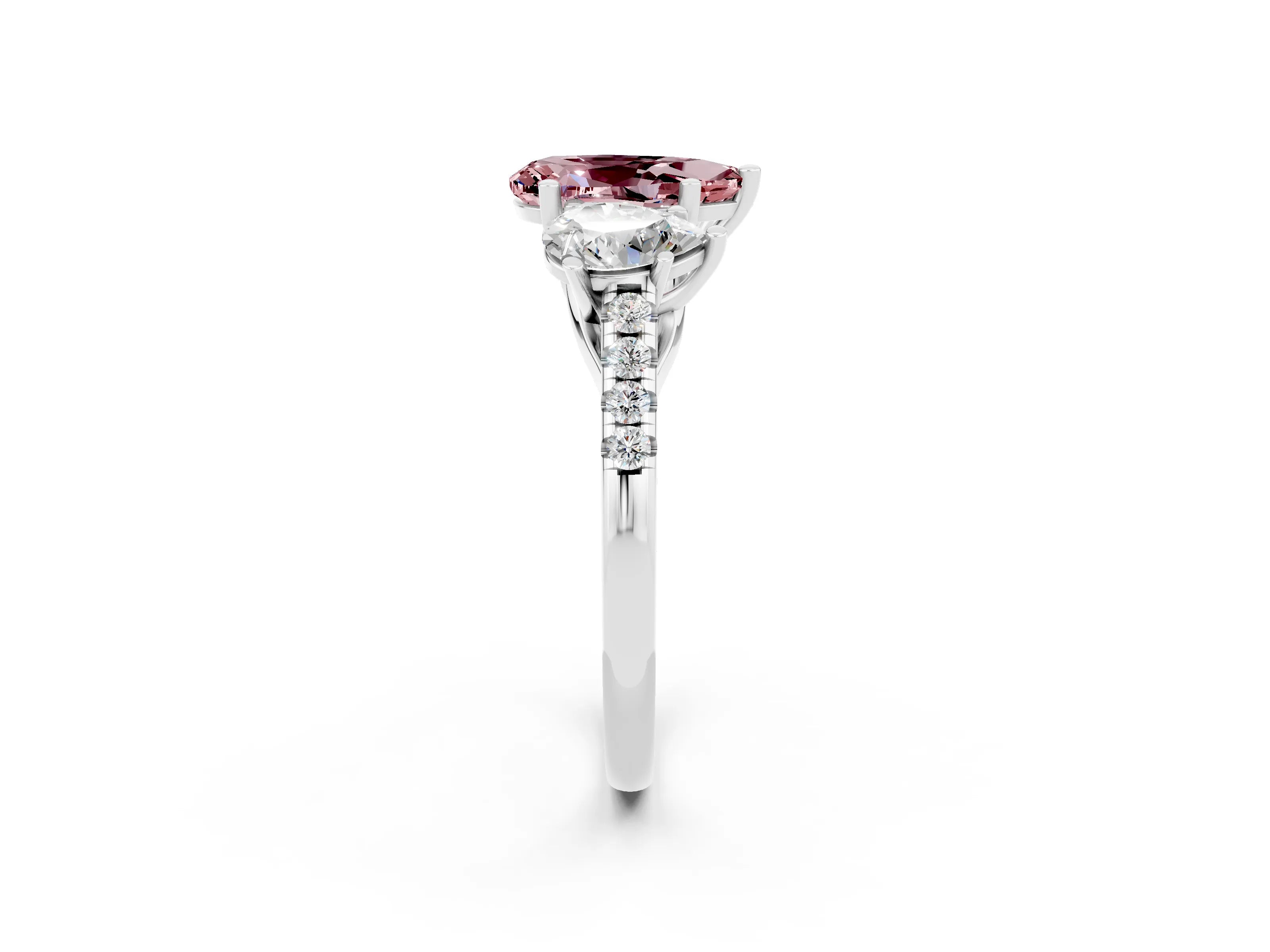 White gold Three-Stone Pear Cut Morganite Ring with Pavé Band and Prong Setting_14
