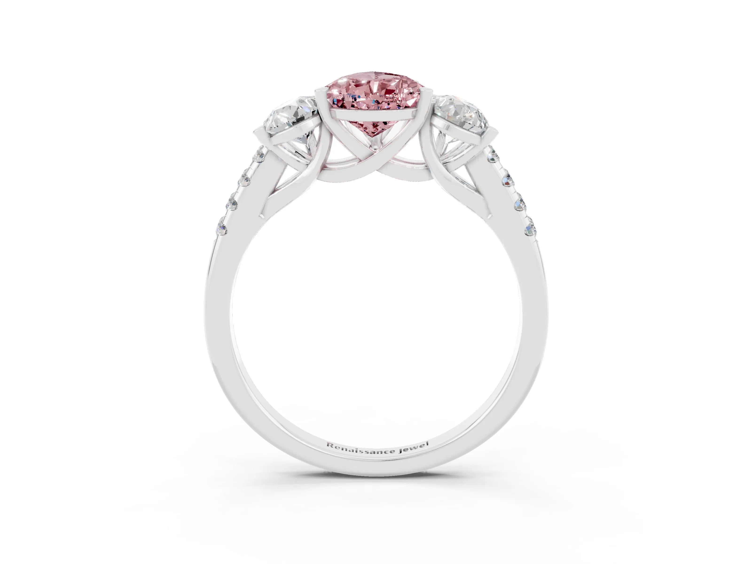 White gold Three-Stone Pear Cut Morganite Ring with Pavé Band and Prong Setting_15