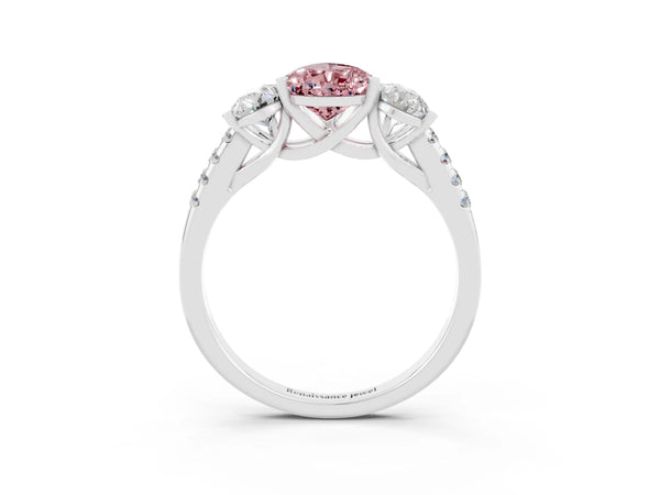 Platinum Three-Stone Pear Cut Morganite Ring with Round  Pavé Band and Prong Setting