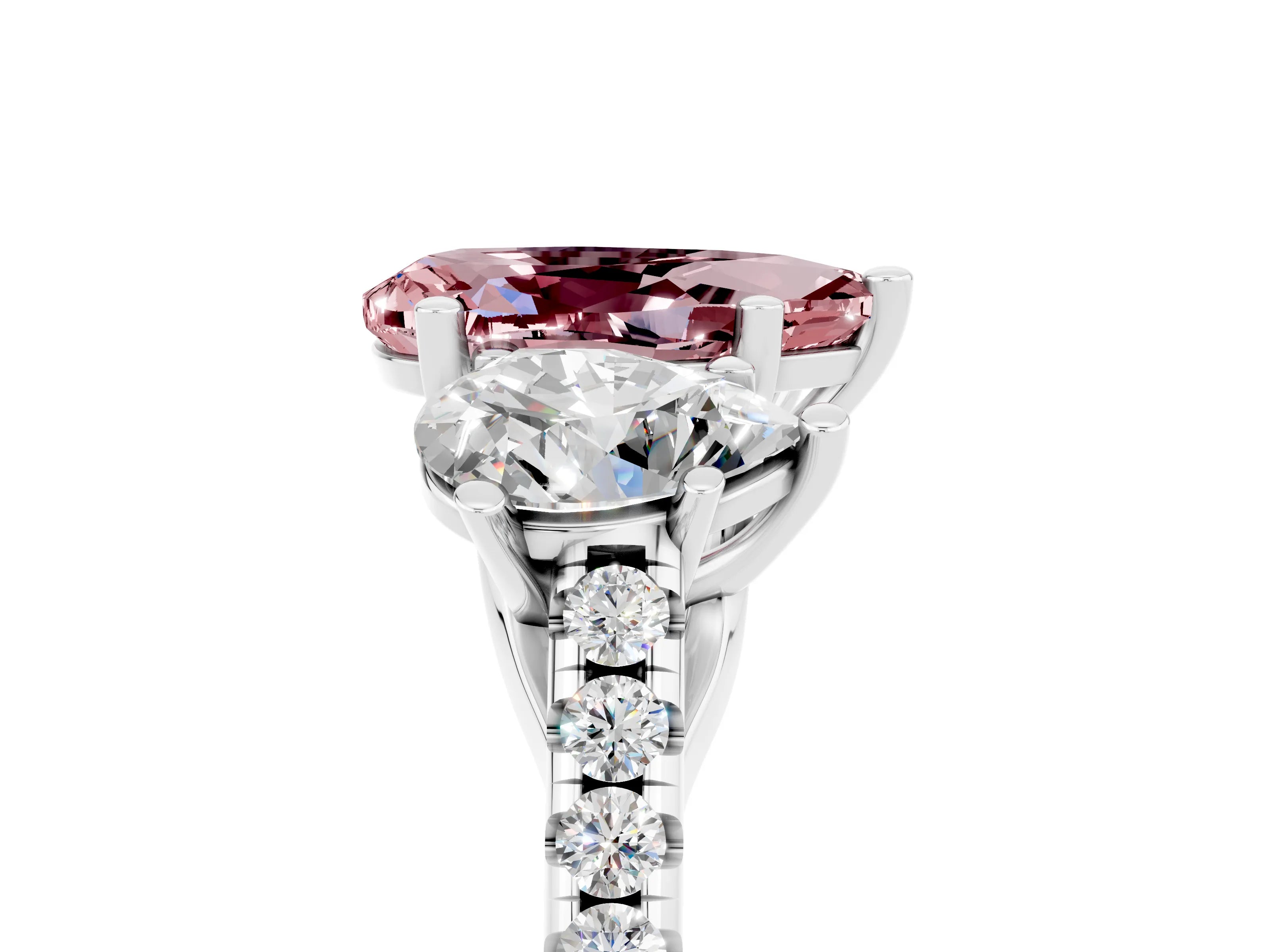 White gold Three-Stone Pear Cut Morganite Ring with Pavé Band and Prong Setting_17