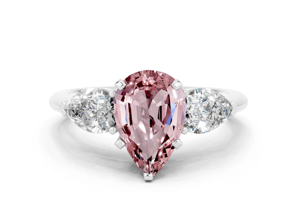 Platinum Three-Stone Pear Cut Morganite Ring with Pear Side Stones and Four-Prong Setting