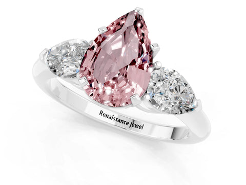 White gold Three-Stone Pear Cut Morganite Ring with Pear Side Stones and Four-Prong Setting_1