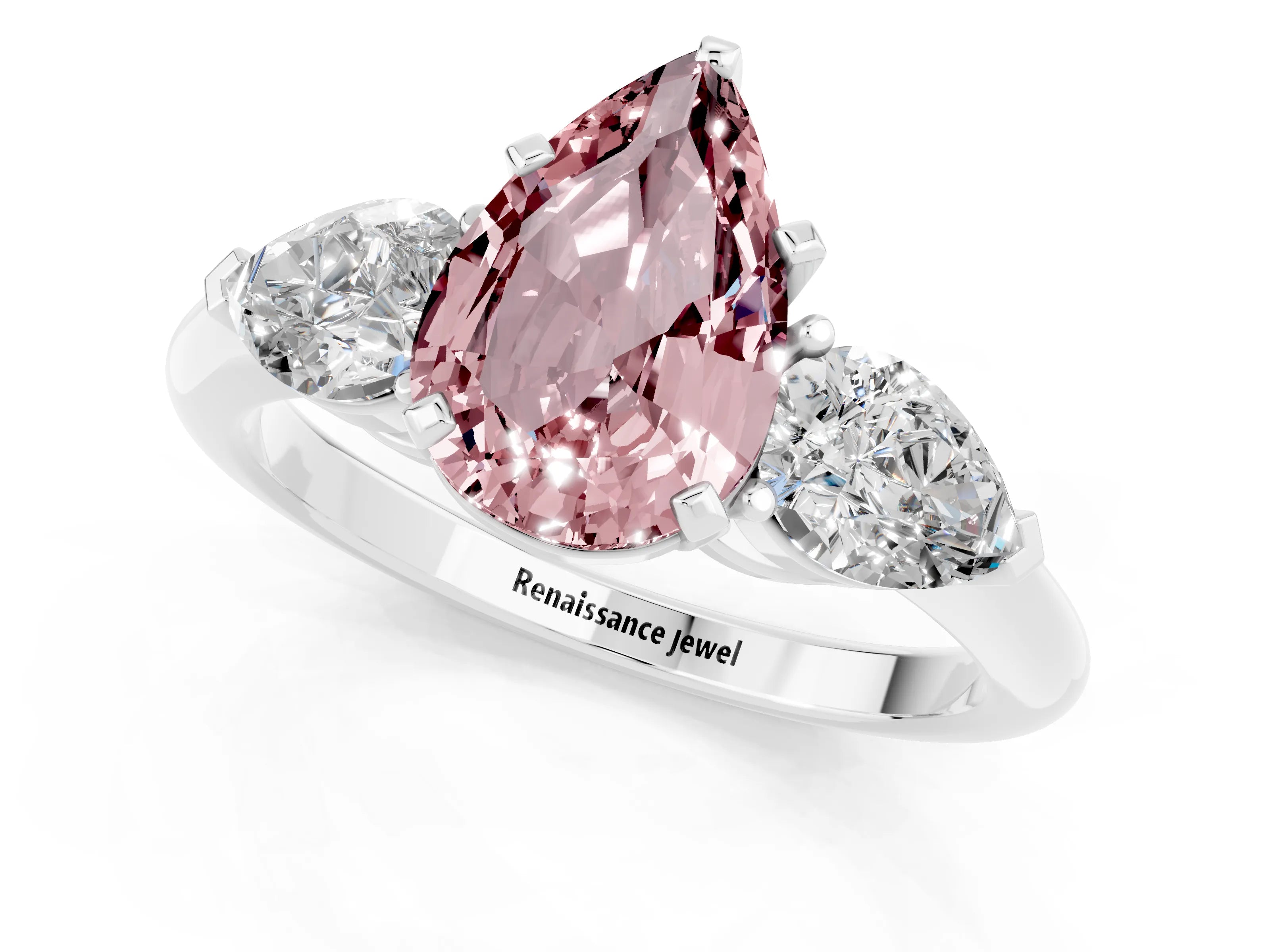 White gold Three-Stone Pear Cut Morganite Ring with Pear Side Stones and Four-Prong Setting_1