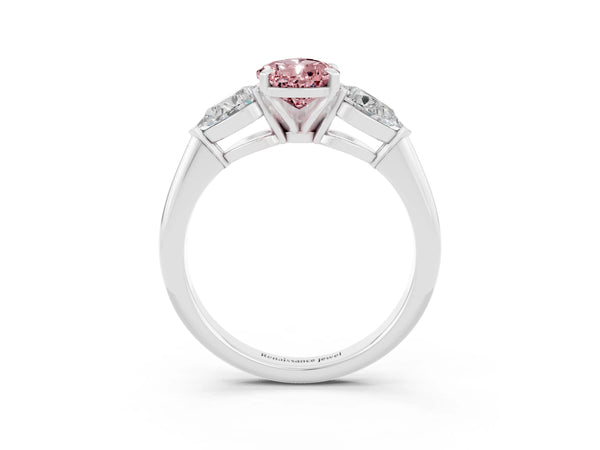 Silver Three-Stone Pear Cut Morganite Ring with Pear Side Stones and Four-Prong Setting