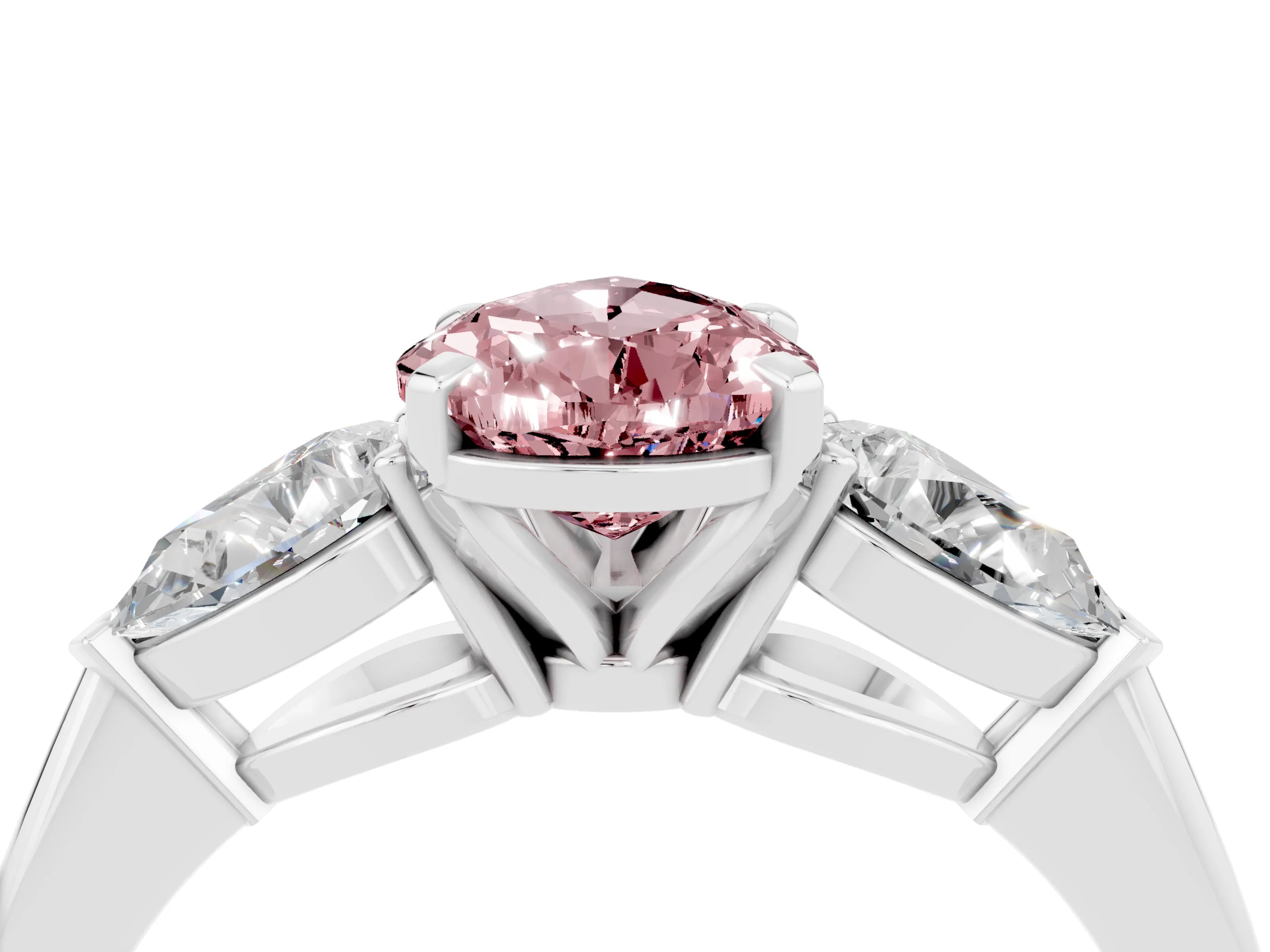 White gold Three-Stone Pear Cut Morganite Ring with Pear Side Stones and Four-Prong Setting_4