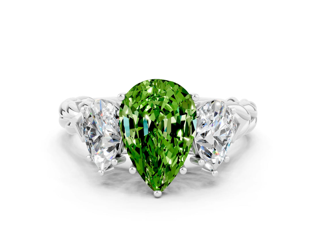 White gold Three-Stone Pear Cut Peridot Braided Band Ring with Four-Prong Setting_12