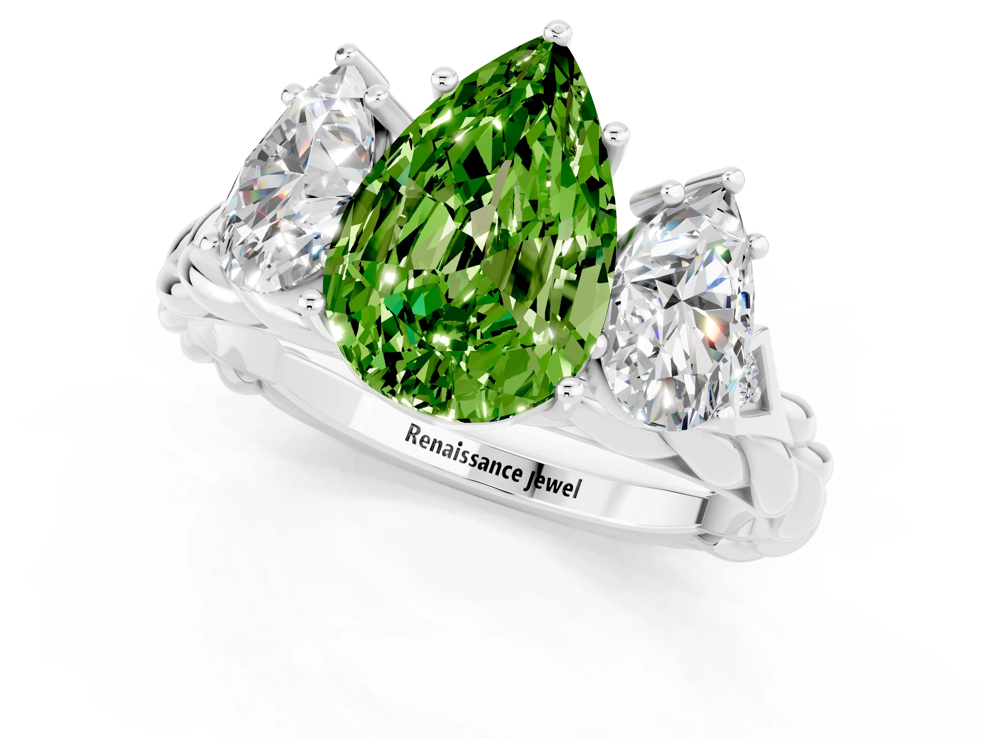 White gold Three-Stone Pear Cut Peridot Braided Band Ring with Four-Prong Setting_13