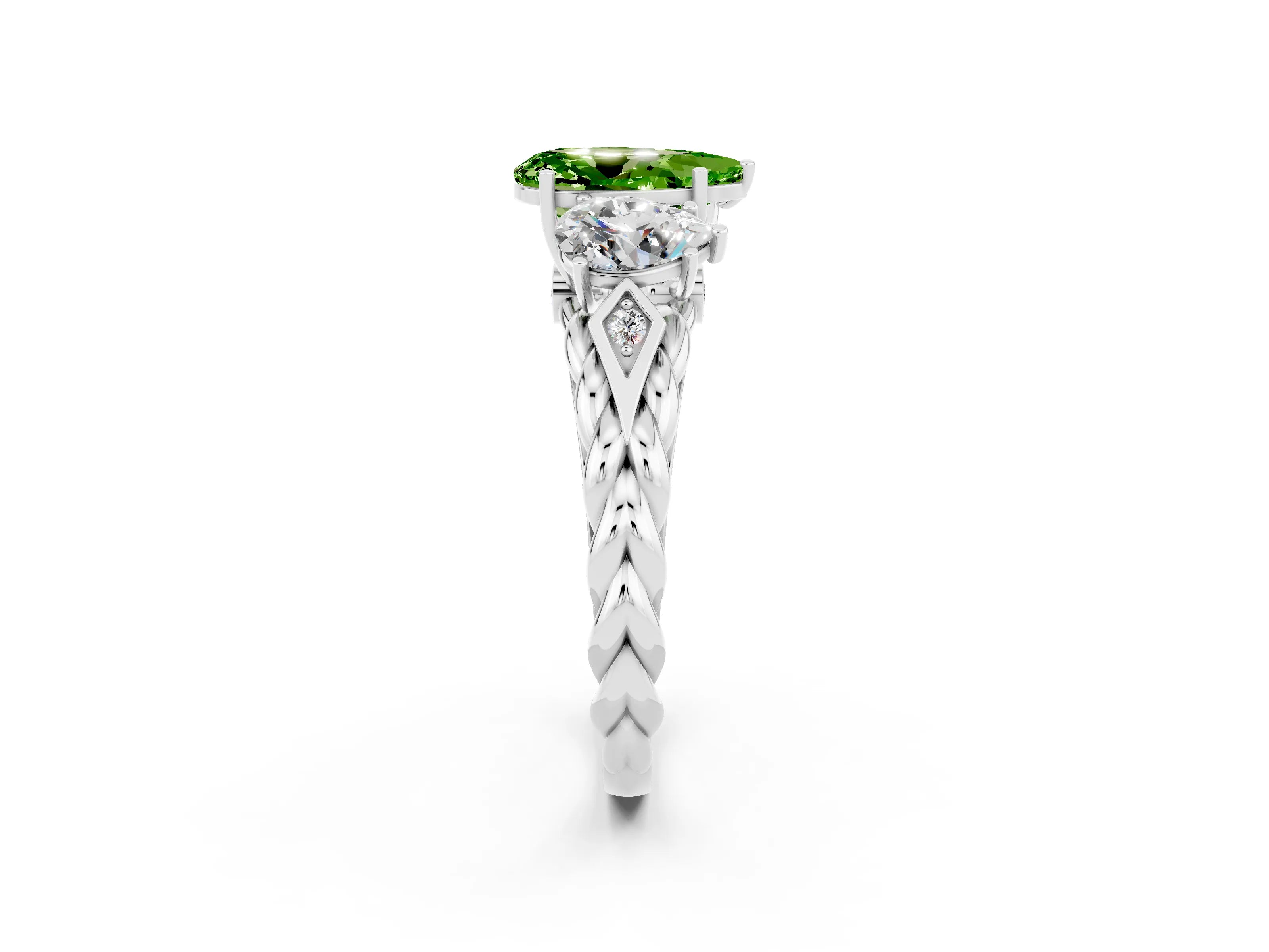 White gold Three-Stone Pear Cut Peridot Braided Band Ring with Four-Prong Setting_14
