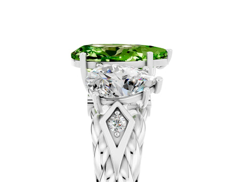 White gold Three-Stone Pear Cut Peridot Braided Band Ring with Four-Prong Setting_17