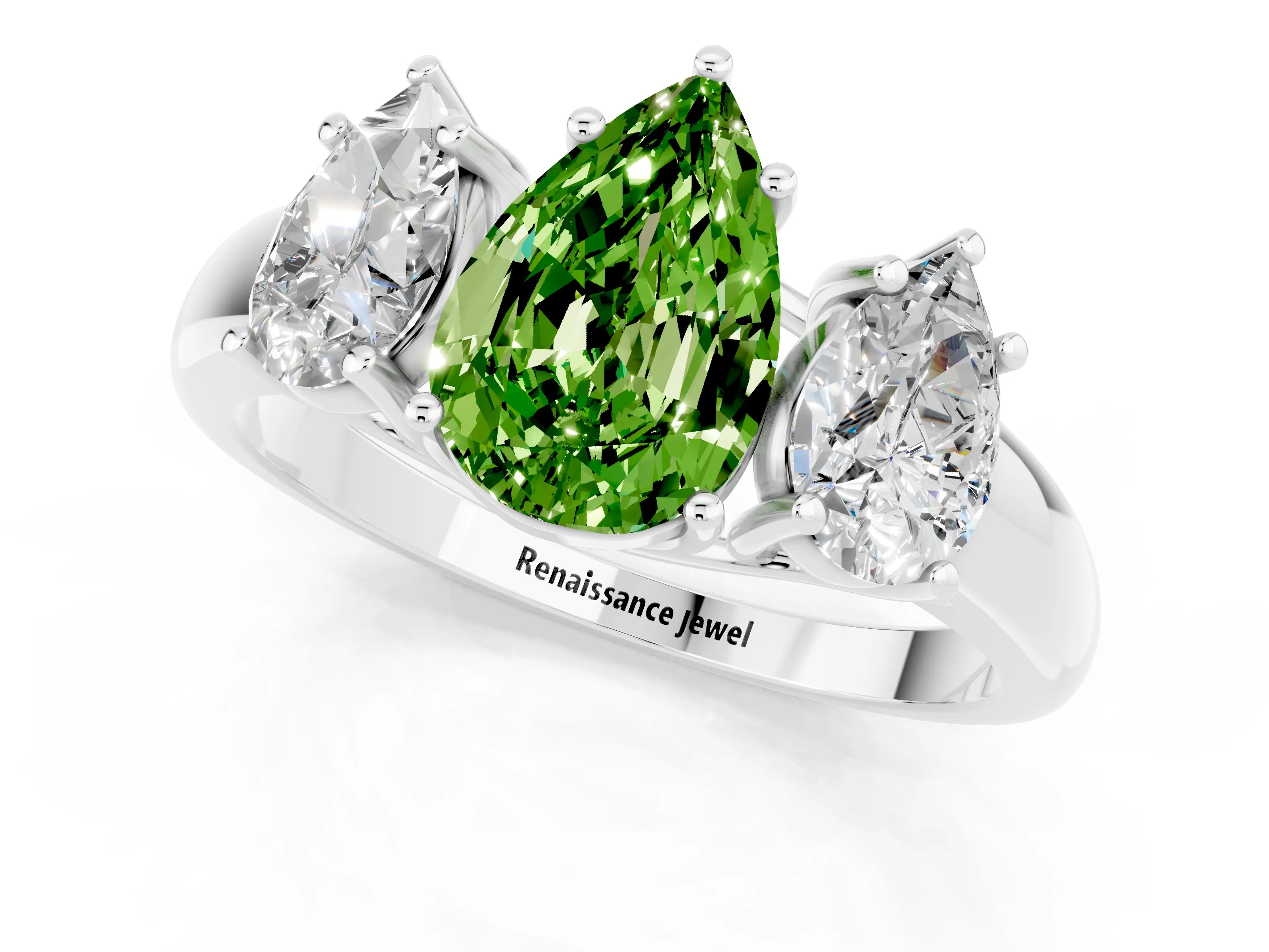White gold Three-Stone Pear Cut Peridot Engagement Ring with Prong Setting_1