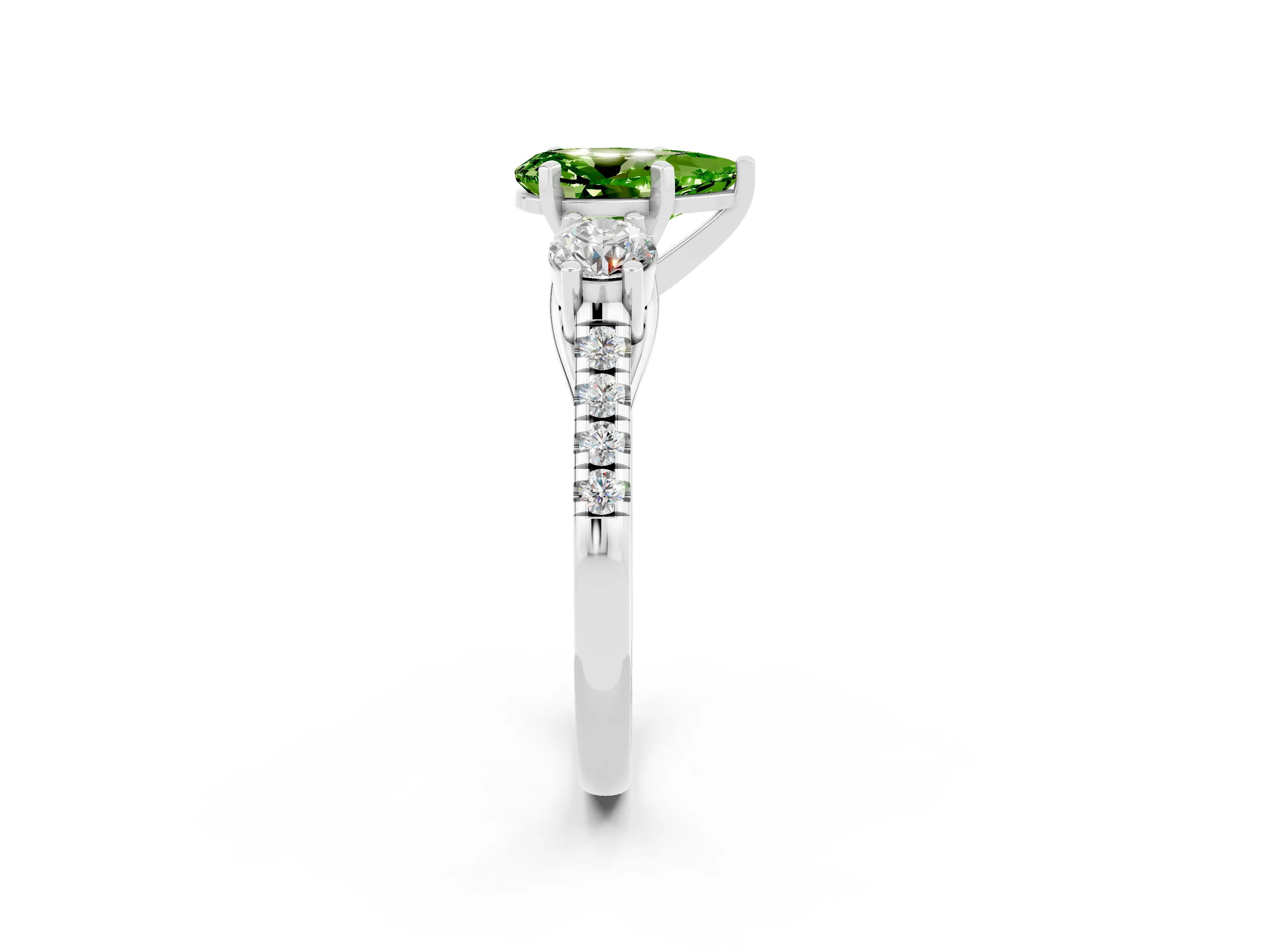 White gold Three-Stone Pear Cut Peridot Pavé Band with Four-Prong Setting_2