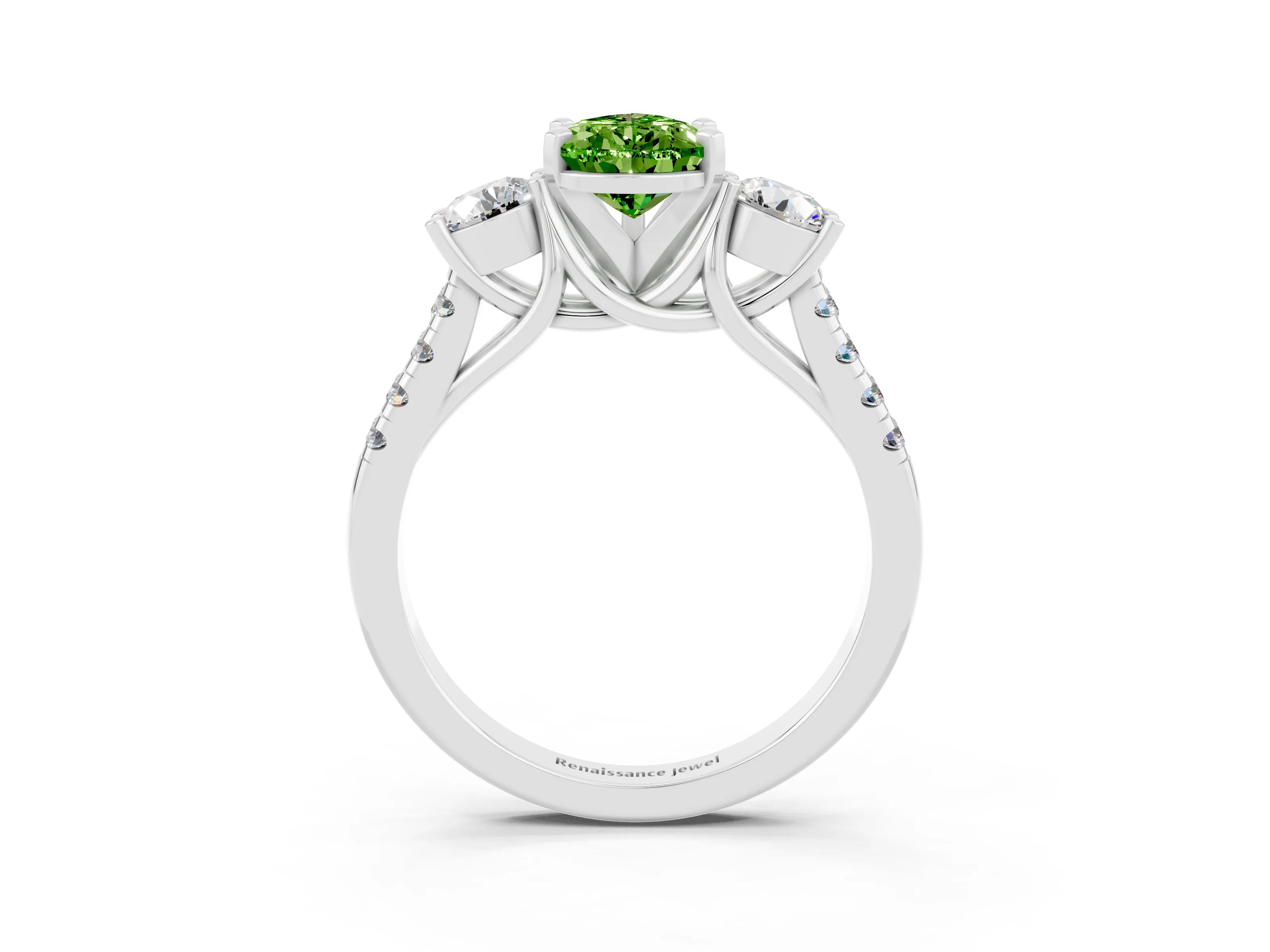White gold Three-Stone Pear Cut Peridot Pavé Band with Four-Prong Setting_3