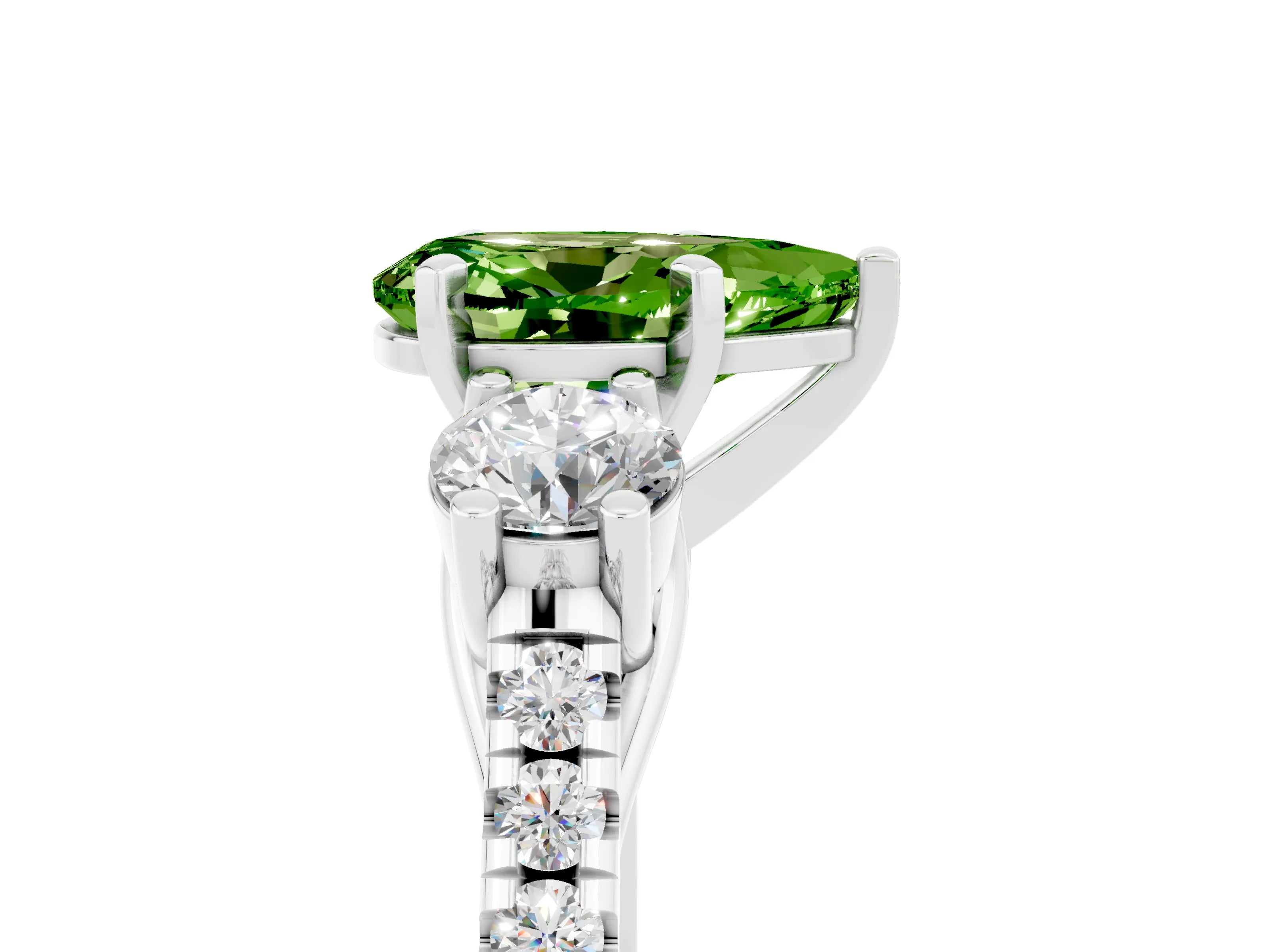 White gold Three-Stone Pear Cut Peridot Pavé Band with Four-Prong Setting_5