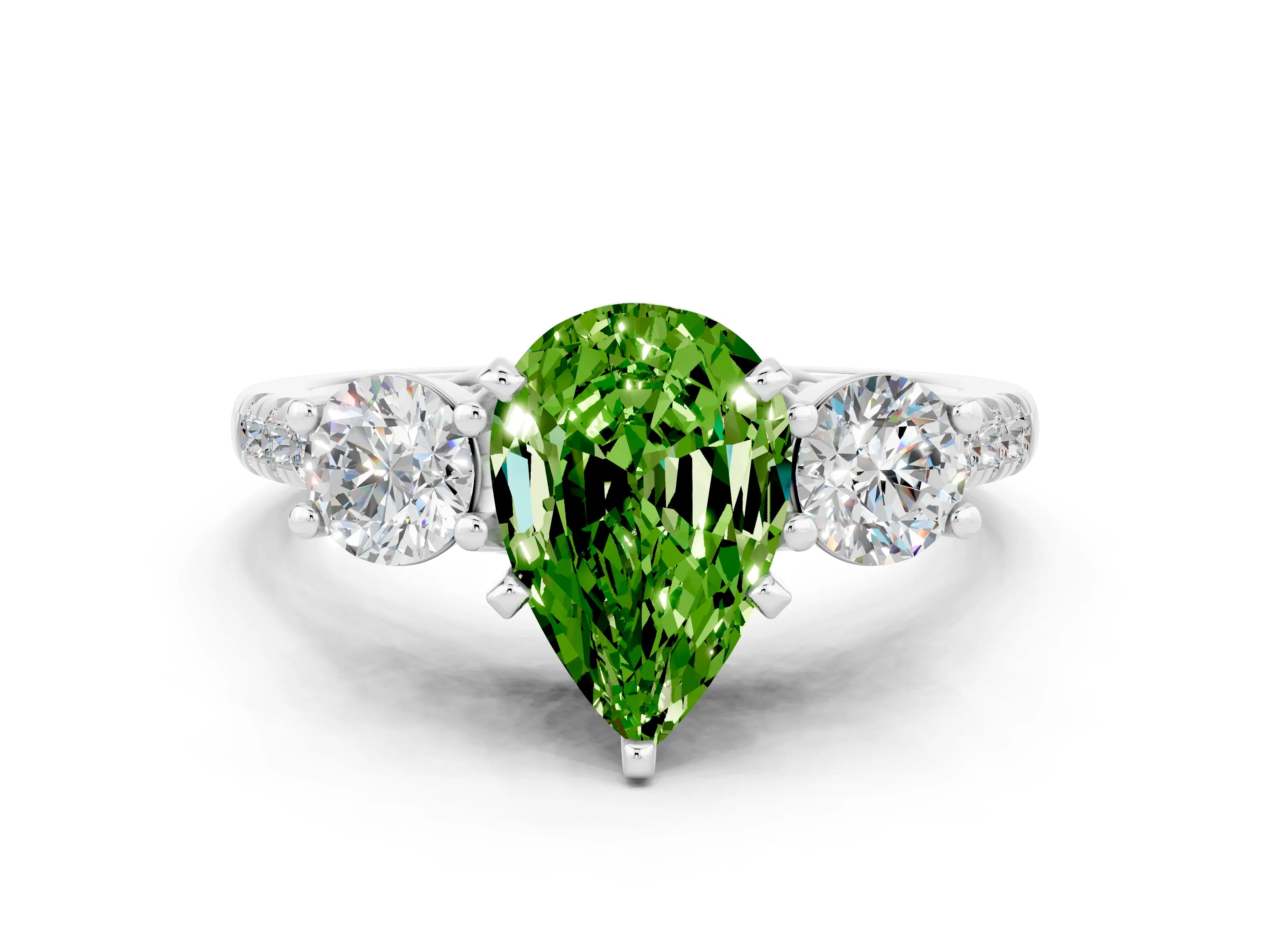 White gold Three-Stone Pear Cut Peridot Pavé Band with Four-Prong Setting