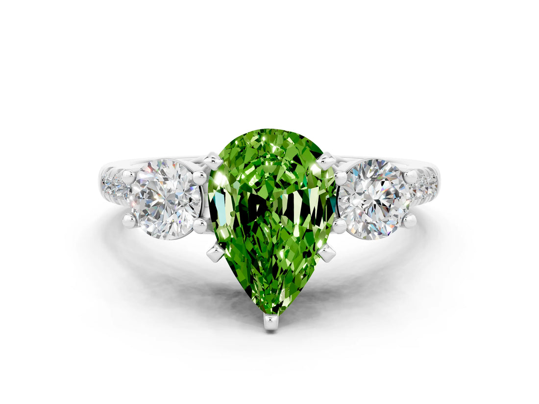 White gold Three-Stone Pear Cut Peridot Pavé Band with Four-Prong Setting