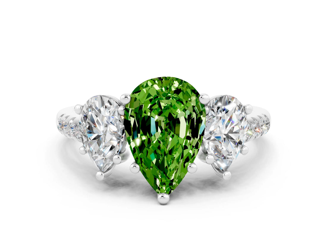 White gold Three-Stone Pear Cut Peridot Ring with Pavé Band and Prong Setting_12