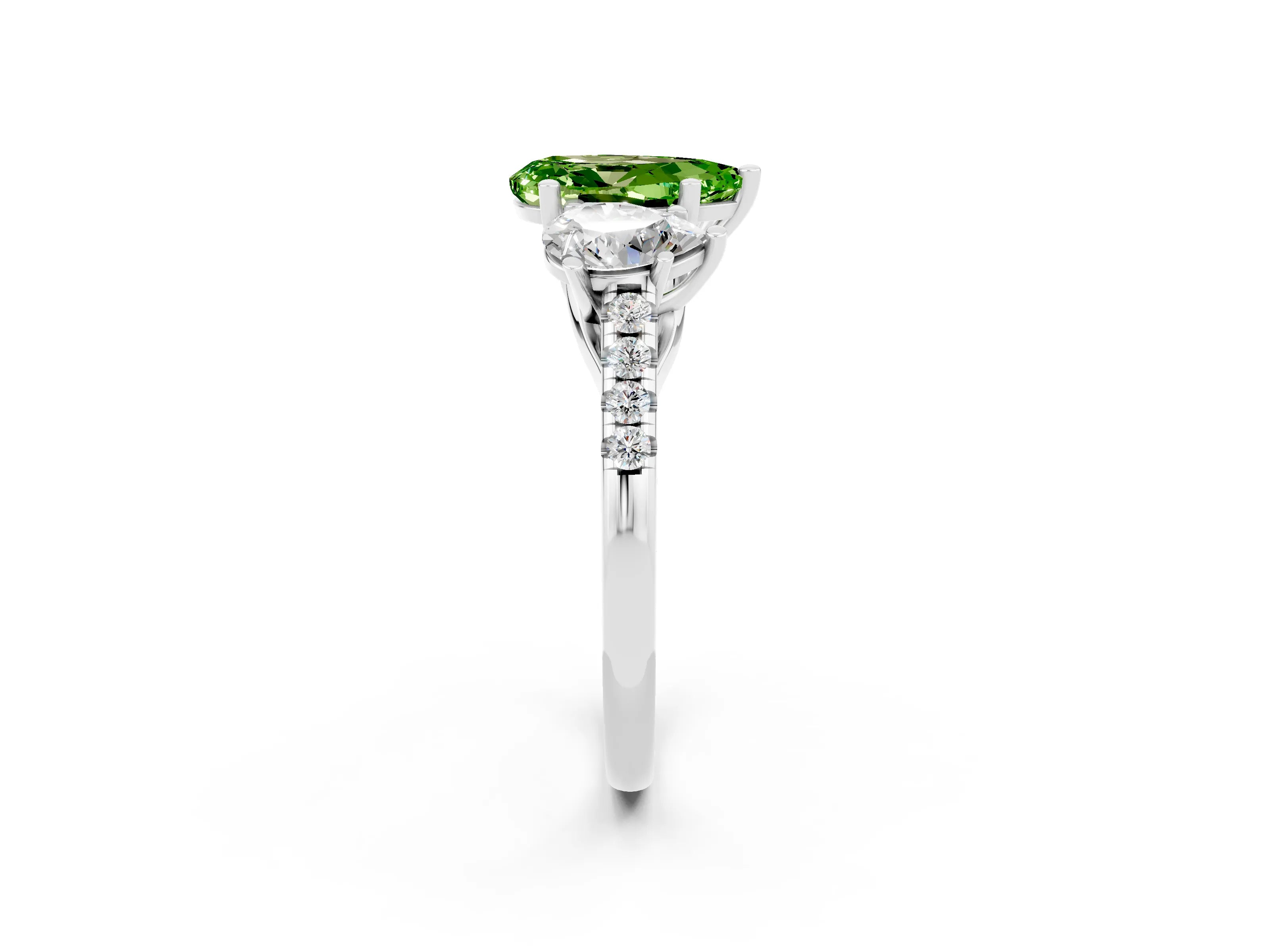 White gold Three-Stone Pear Cut Peridot Ring with Pavé Band and Prong Setting_14