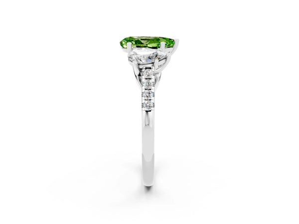 Platinum Three-Stone Pear Cut Peridot Ring with Round  Pavé Band and Prong Setting