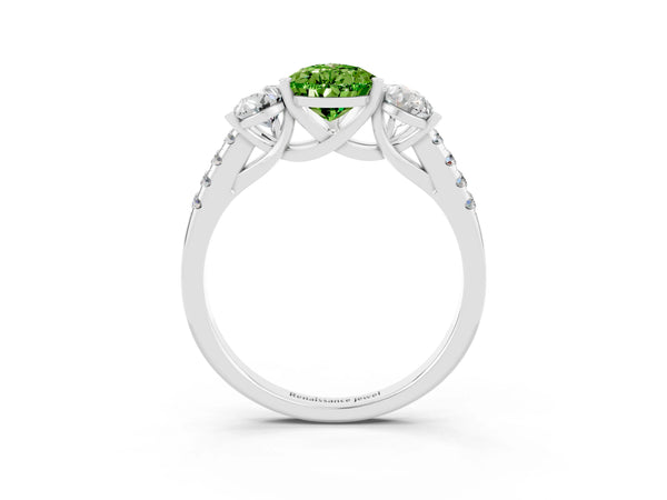 Platinum Three-Stone Pear Cut Peridot Ring with Round  Pavé Band and Prong Setting