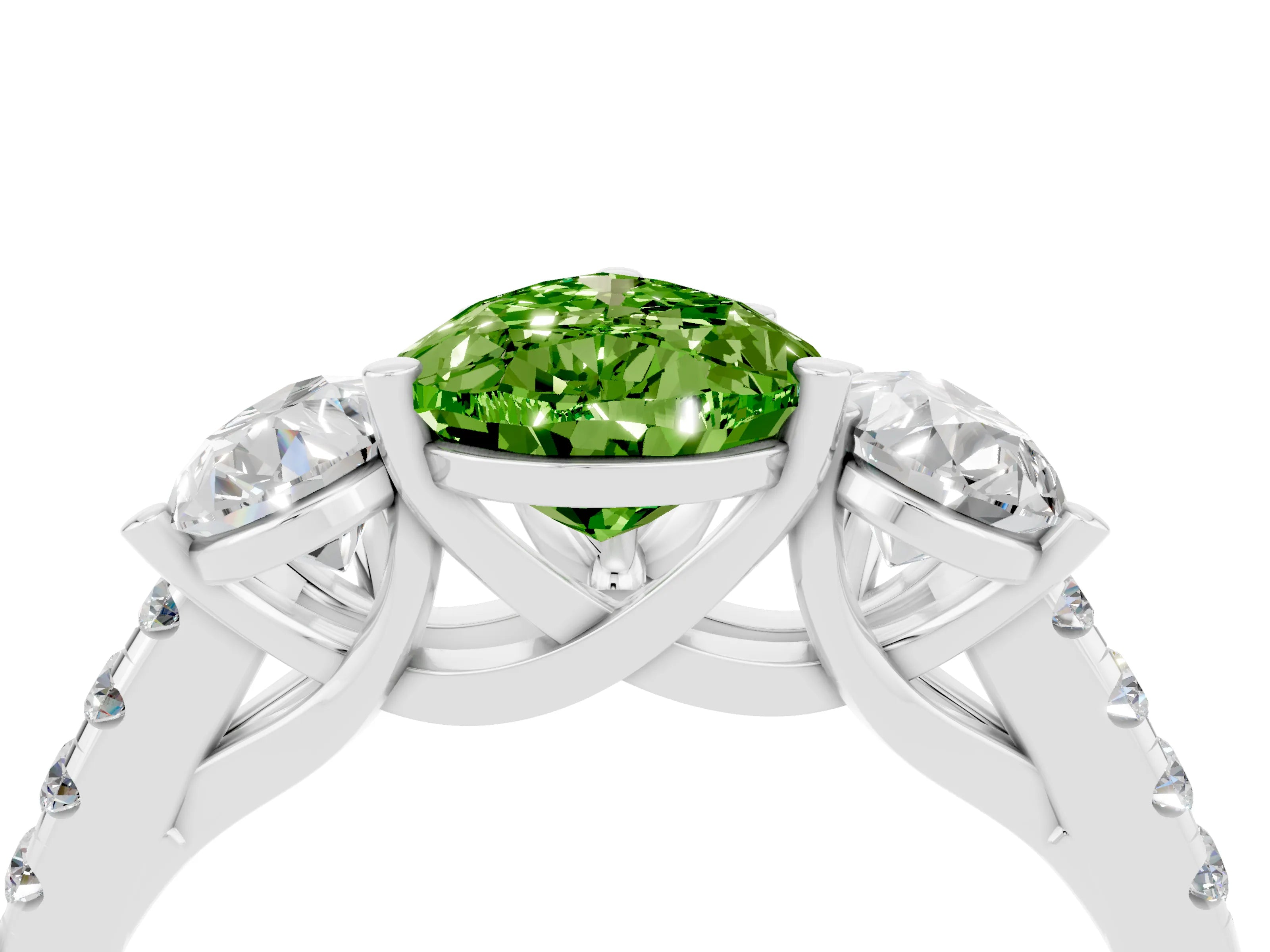 White gold Three-Stone Pear Cut Peridot Ring with Pavé Band and Prong Setting_16