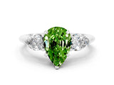 White gold Three-Stone Pear Cut Peridot Ring with Pear Side Stones and Four-Prong Setting