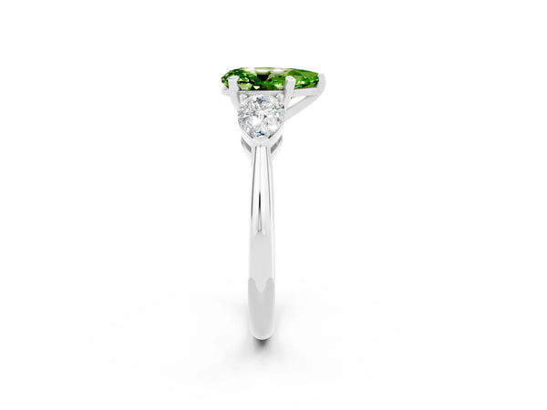 Platinum Three-Stone Pear Cut Peridot Ring with Pear Side Stones and Four-Prong Setting