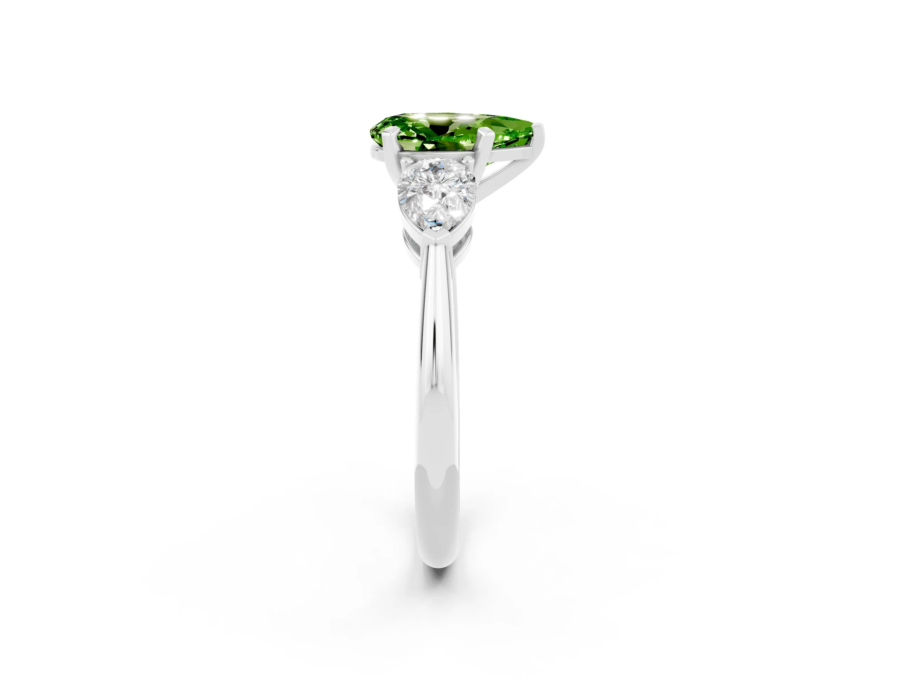 White gold Three-Stone Pear Cut Peridot Ring with Pear Side Stones and Four-Prong Setting_2