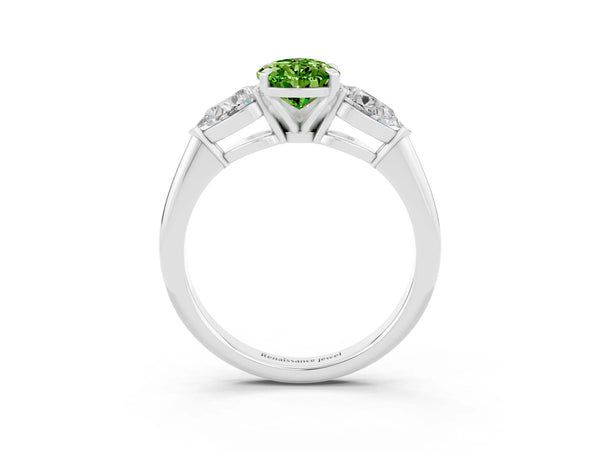 White gold Three-Stone Pear Cut Peridot Ring with Pear Side Stones and Four-Prong Setting