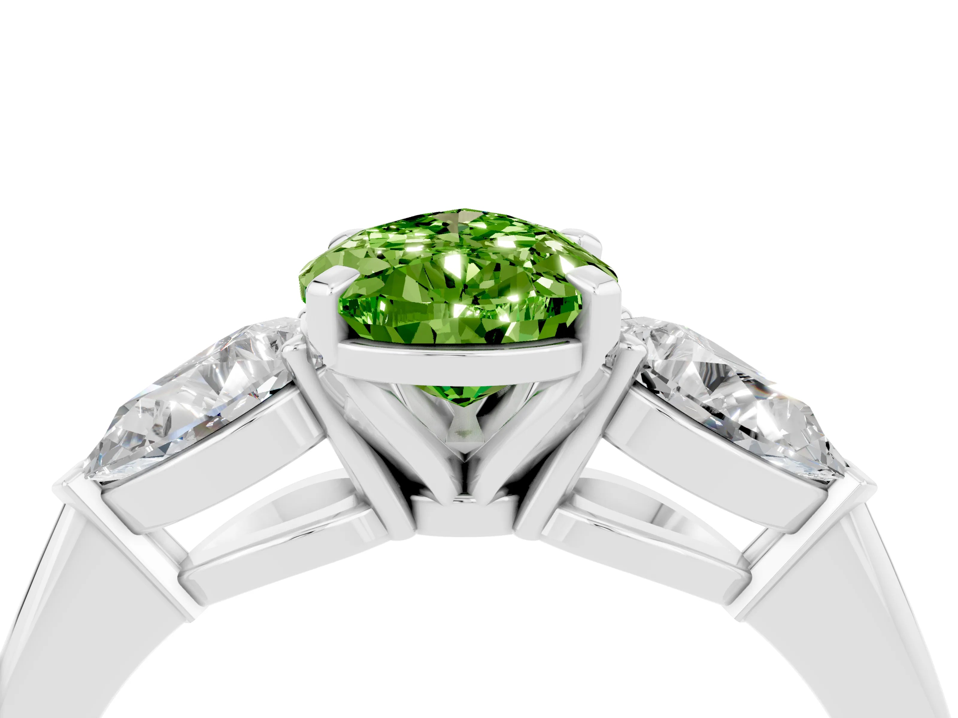 White gold Three-Stone Pear Cut Peridot Ring with Pear Side Stones and Four-Prong Setting_4