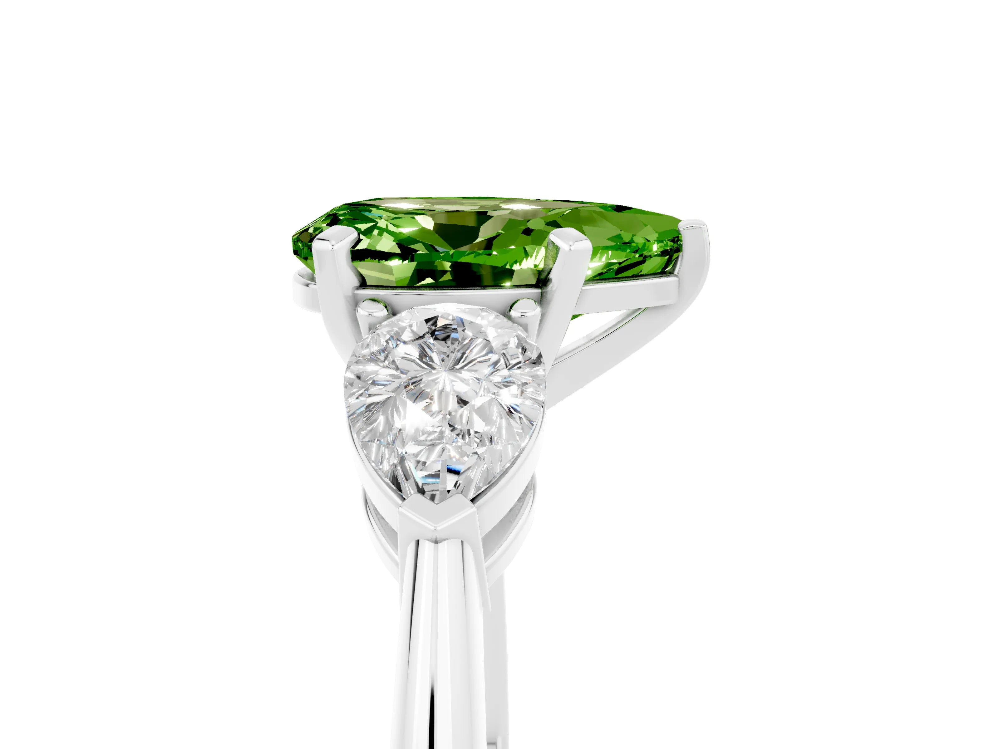 White gold Three-Stone Pear Cut Peridot Ring with Pear Side Stones and Four-Prong Setting_5