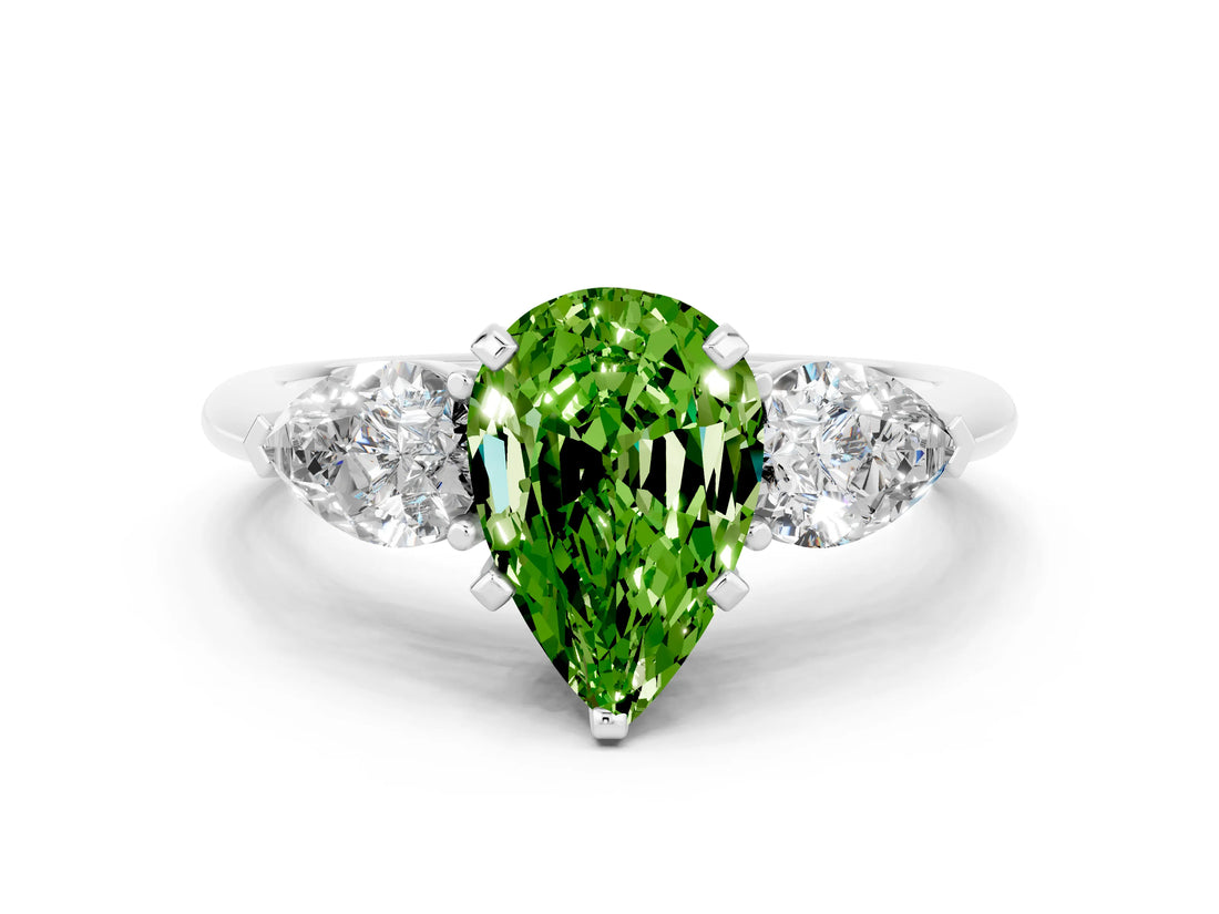 White gold Three-Stone Pear Cut Peridot Ring with Pear Side Stones and Four-Prong Setting