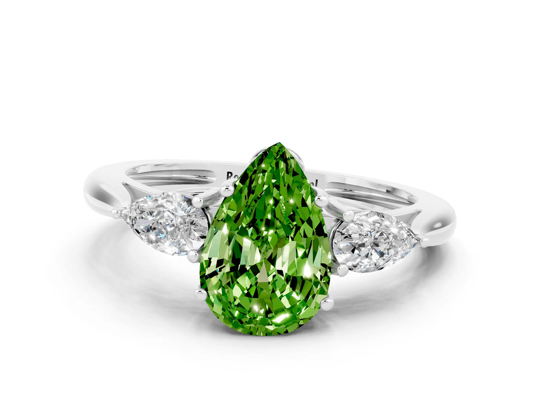 White gold Three-Stone Pear Cut Peridot Ring with Pear  Side Stones in Four-Prong Setting_12